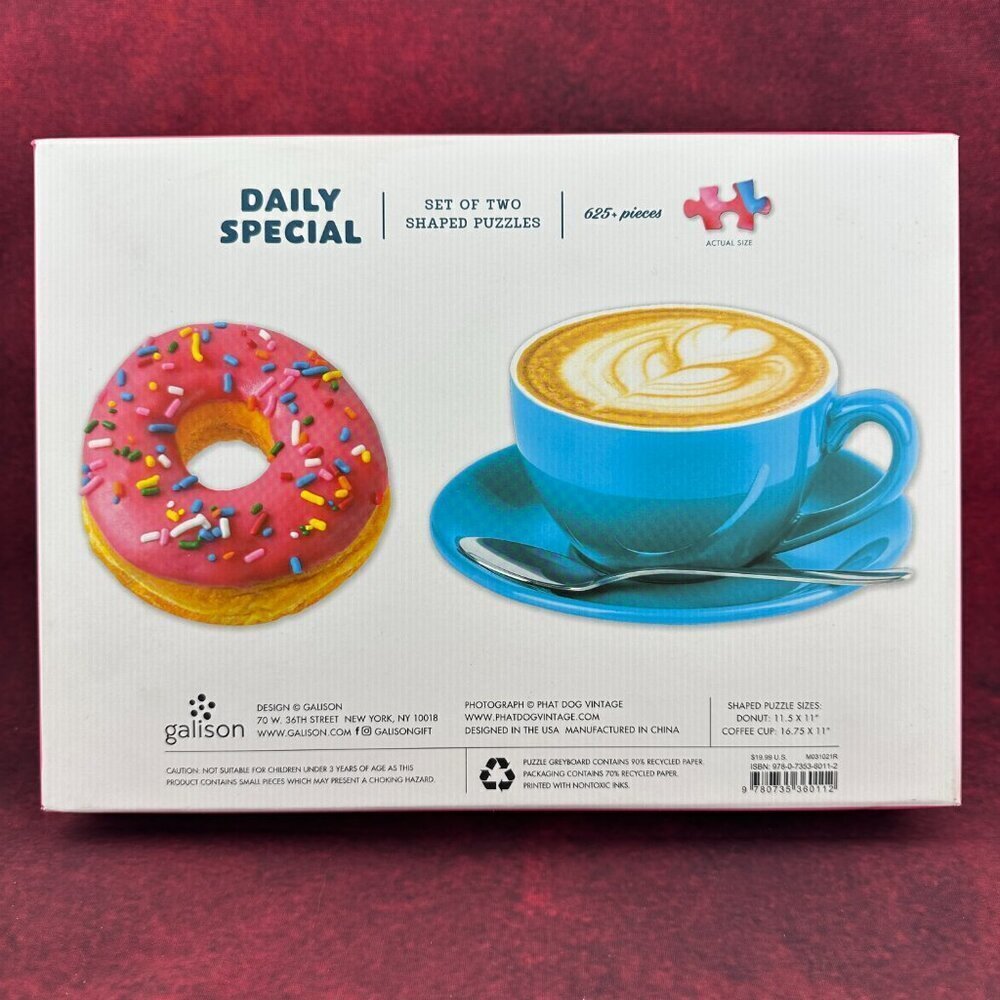 DONUT & COFFEE CUP SET OF TWO SHAPED PUZZLE 625+ PIECE TOTAL BY GALISON, NEW - Picture 2 of 3